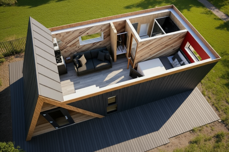Aerial cutaway view of a Willow Point glamping pod interior showing a living area with a sofa, separate bedroom, and modern bathroom layout.