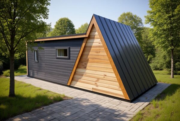 Rear view of the Willow Point glamping pod showing the combination of horizontal timber cladding and dark grey metal roofing in a wooded setting.