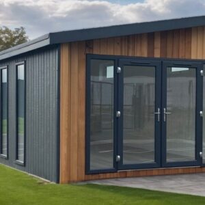 Exterior of the Serene Hideout Luxury Pod showing its modern architectural design, premium timber cladding, and SIP-insulated structure in a peaceful landscape.