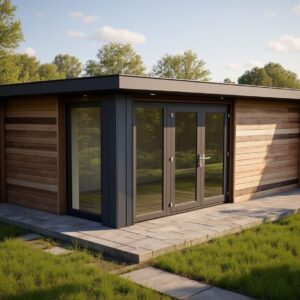 Exterior view of The Hideaway Luxury Pod, a compact luxury glamping unit with premium timber cladding and high-performance SIP construction for private retreats.