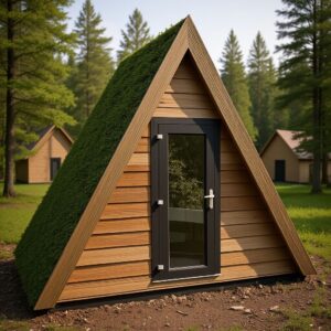 Sustainable A-frame glamping pod featuring a vibrant green living roof and horizontal timber cladding, set within a woodland park environment.