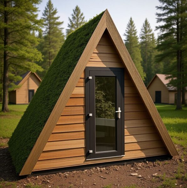 Sustainable A-frame glamping pod featuring a vibrant green living roof and horizontal timber cladding, set within a woodland park environment.