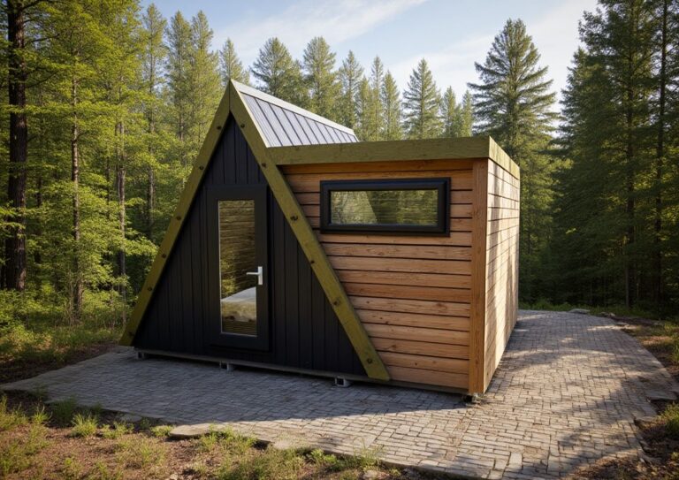 Exterior view of a Willow Point glamping pod with a hybrid design featuring a black A-frame entrance and a timber-clad cubic living space set on a stone patio in a forest.