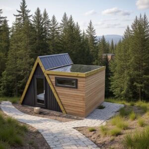 High-angle exterior view of a modern hybrid glamping pod with a black A-frame entrance and timber-clad living area, situated on a stone path overlooking a dense pine forest and distant mountains.
