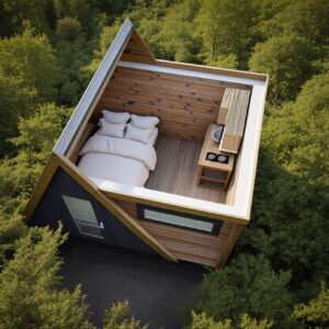 Aerial cutaway view of a hybrid glamping pod interior showing a compact layout with a double bed, wooden wall paneling, and a kitchenette area nestled within a forest canopy.