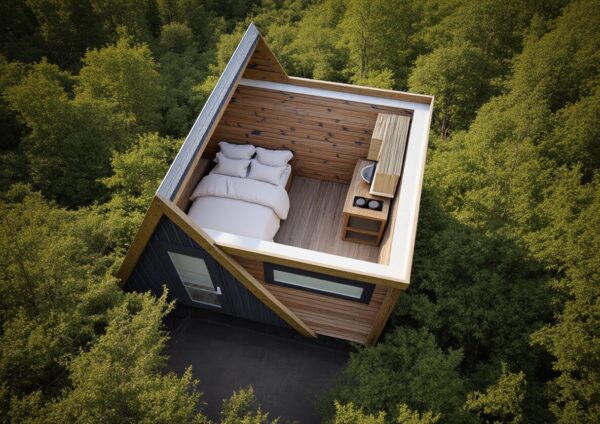 Aerial cutaway view of a hybrid glamping pod interior showing a compact layout with a double bed, wooden wall paneling, and a kitchenette area nestled within a forest canopy.