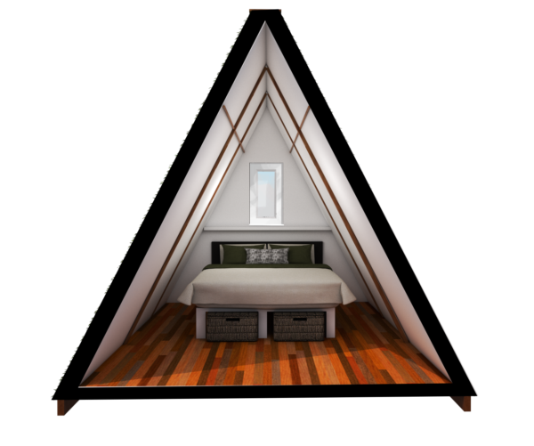 Interior 3D cutaway of a minimalist A-frame glamping pod featuring a double bed with under-bed storage, hardwood flooring, and a small rear window.
